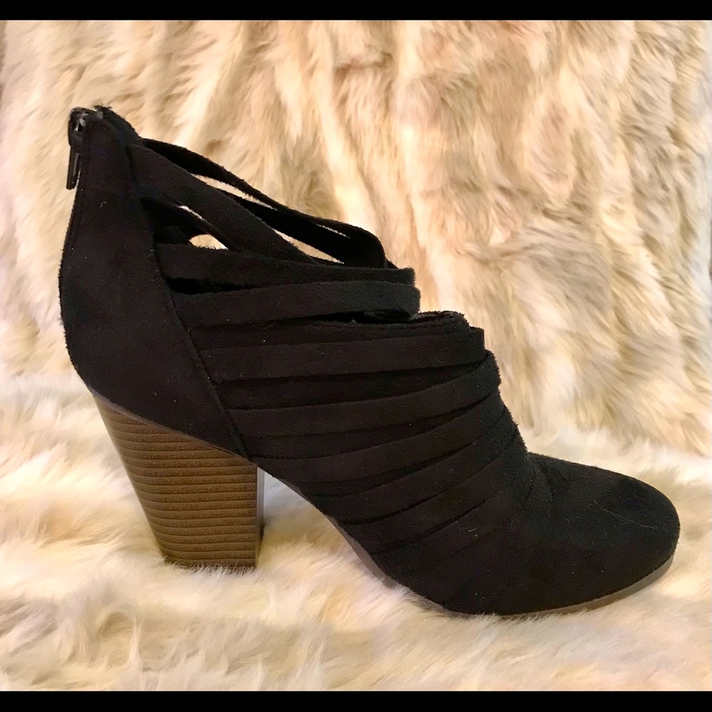J G brand Black Bootie with strappy ankle detail. Size 6.5.